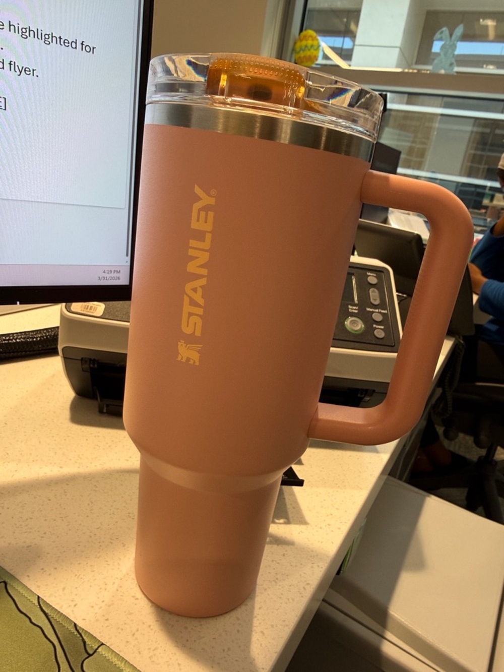 Stanley Dusky Pink Travel Mug with Yellow Logo and Handle